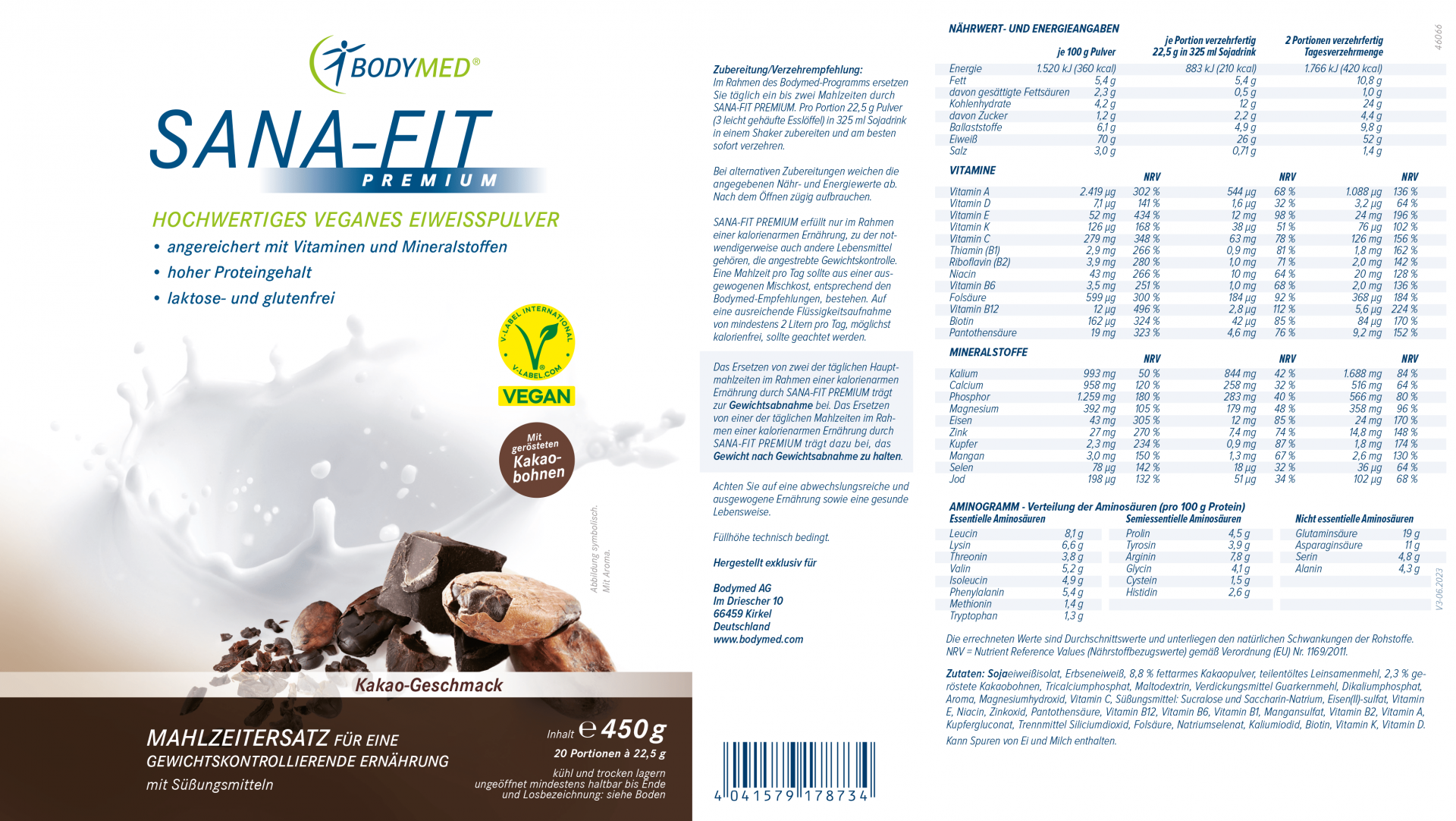 SANAFIT PREMIUM Vegan 450 g Dose Kakao vegan B11011421